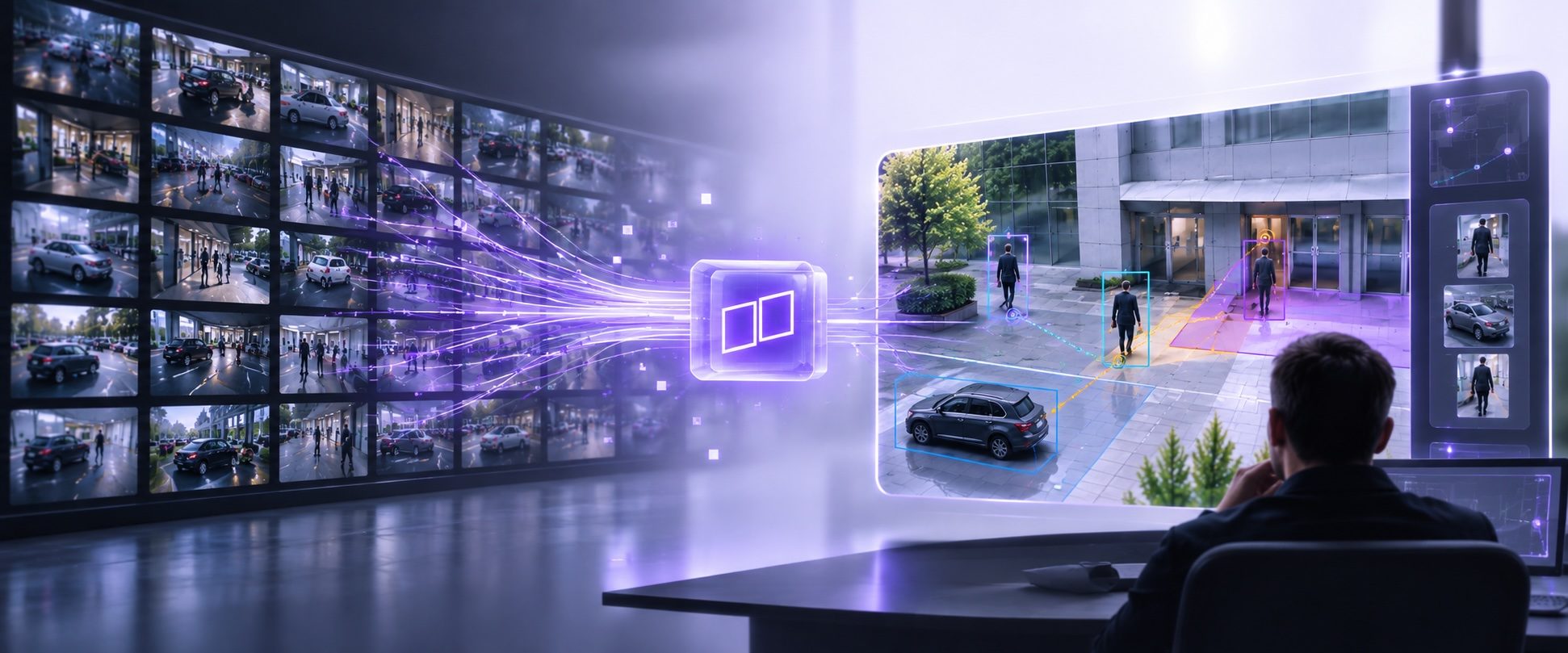 Purple-Interface mit kuratiertem Ereignis-Kontext statt Datenflut