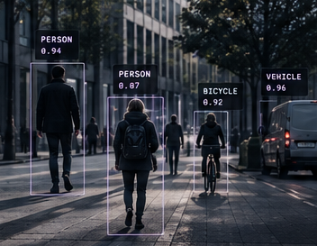Computer-Vision-Ansicht mit erkannten Personen und Fahrzeugen.