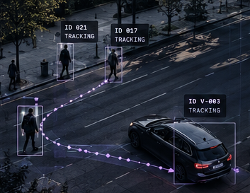 Tracking-Ansicht mit Bewegungsverläufen von Personen und Fahrzeugen.